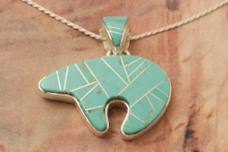 Calvin Begay Genuine Kingman Turquoise Sterling Silver Reversible Bear Pendant